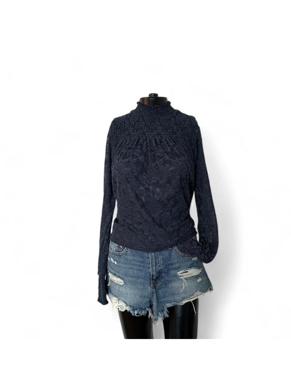 Deletta (Anthropologie) Boutique Dark Navy Sheer Lace Blouse XS